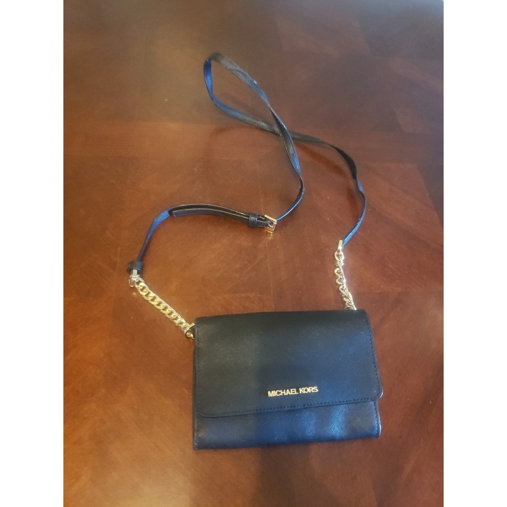 Michael Kors Travel Black Leather Phone Crossbody Bag Wallet Chain Clutch Snap